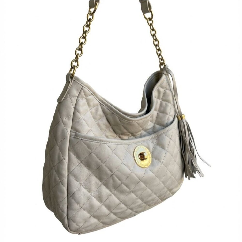 Isaac Mizrahi Quilted Leather Shoulder Bag Tassel Gold Chain Straps Ivory Beige - Picture 3 of 13